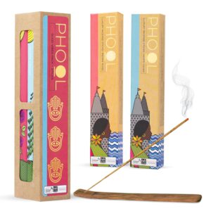 PHOOL LUXURY INCENSE Good Vibes Pack Of 2 Natural Agarbatti For Pooja - Indian Rose & White Cedar | Free Wooden Stand Sulpher & Charcoal Free | 100% Organic Incense Sticks